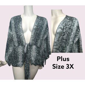 Light Open Cardigan Duster, Cover-up Plus Size 3X front tie snake print